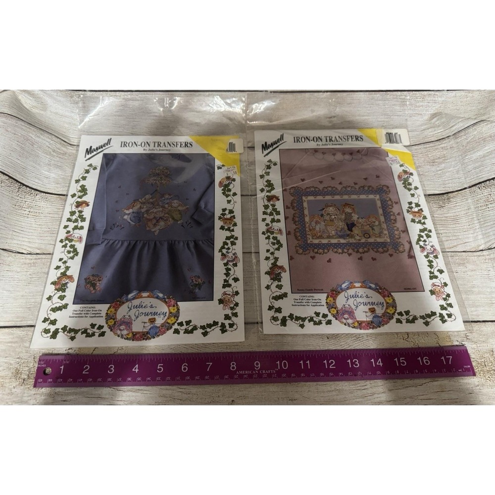 Lot of 2 NOS Maxwell Iron-On Transfers by Julie's Journey Bunny Floral Family H